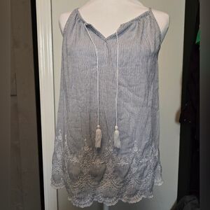 Old Navy Blue And White Striped Tank Top with Tassels And Embroidery Detail